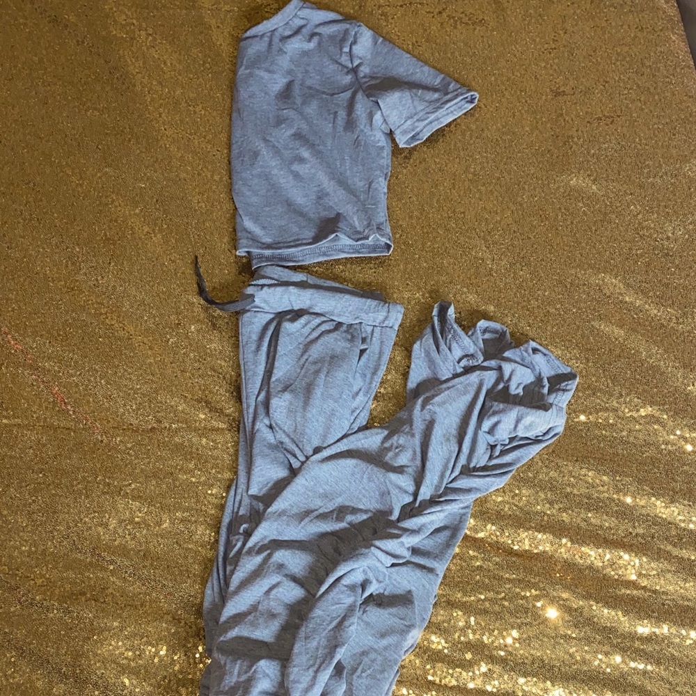 Gray Crop Top and Stacked Pants Set